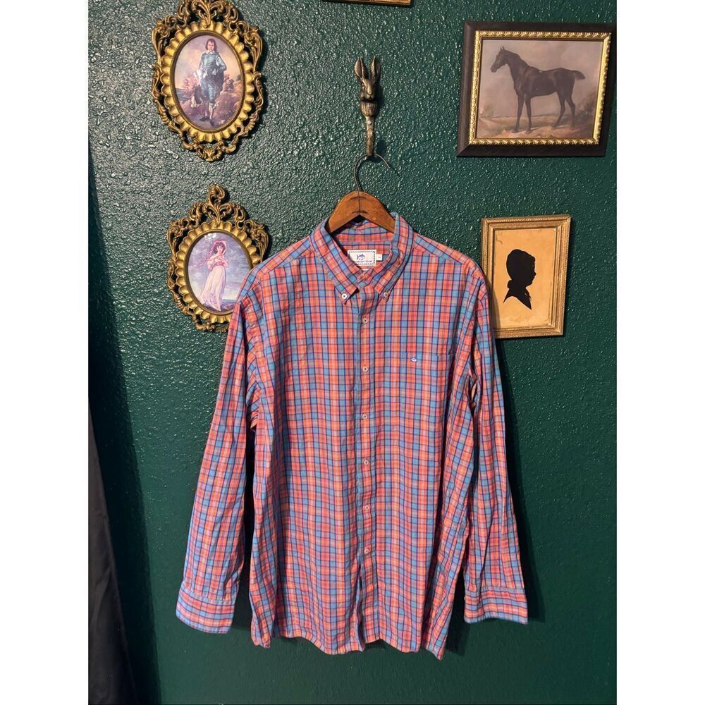 Southern Tide Men’s Orange Blue Classic Fit Plaid Checkered Button Down Top Sz X